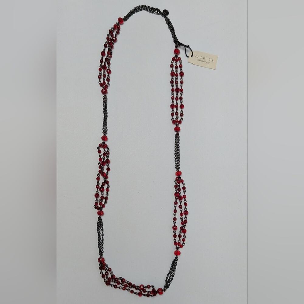 NWT Talbots Black Gun Metal Chain Necklace With Red Beads